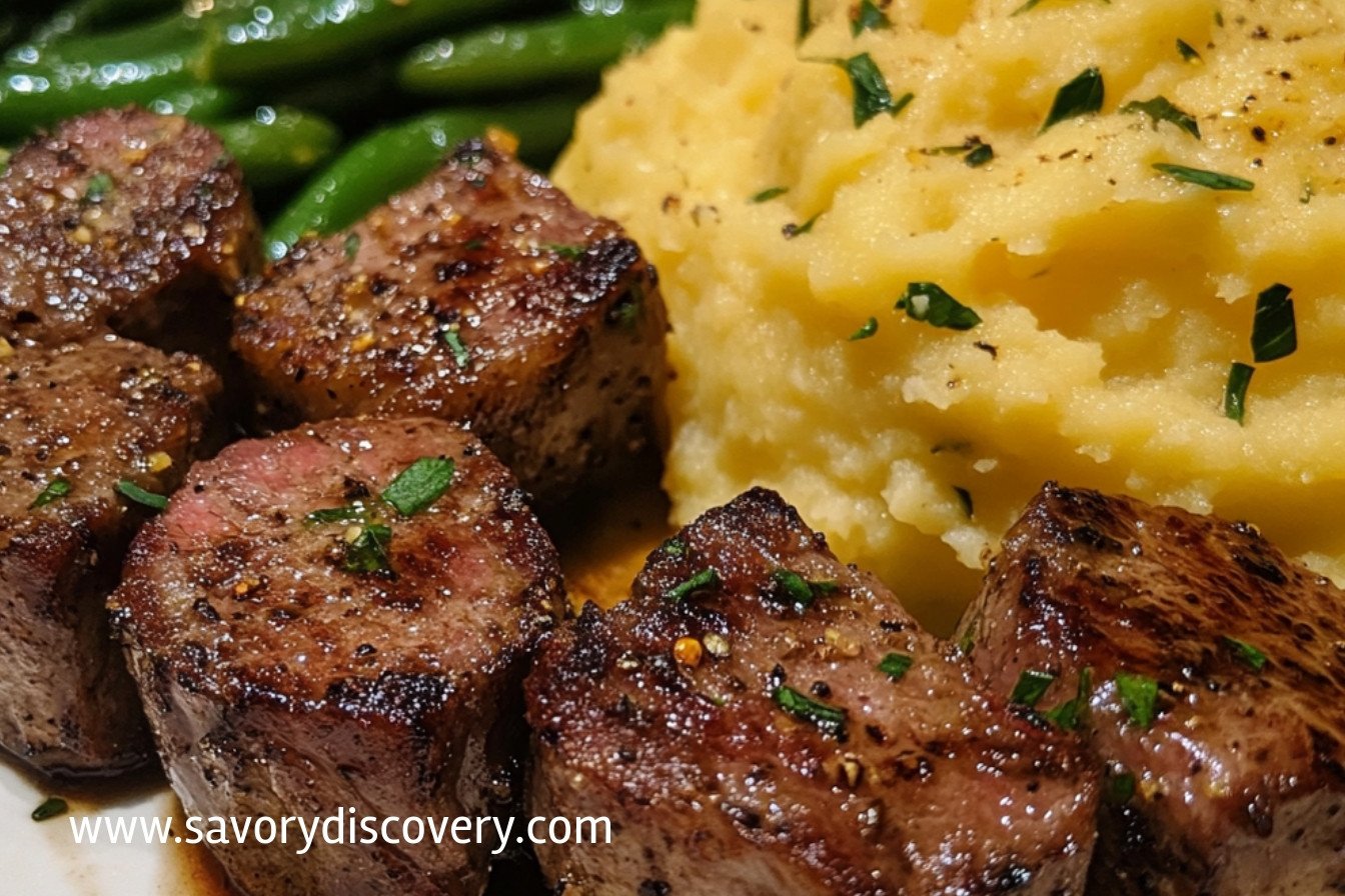 Garlic Steak Bites with Cheddar Mash and Green Beans